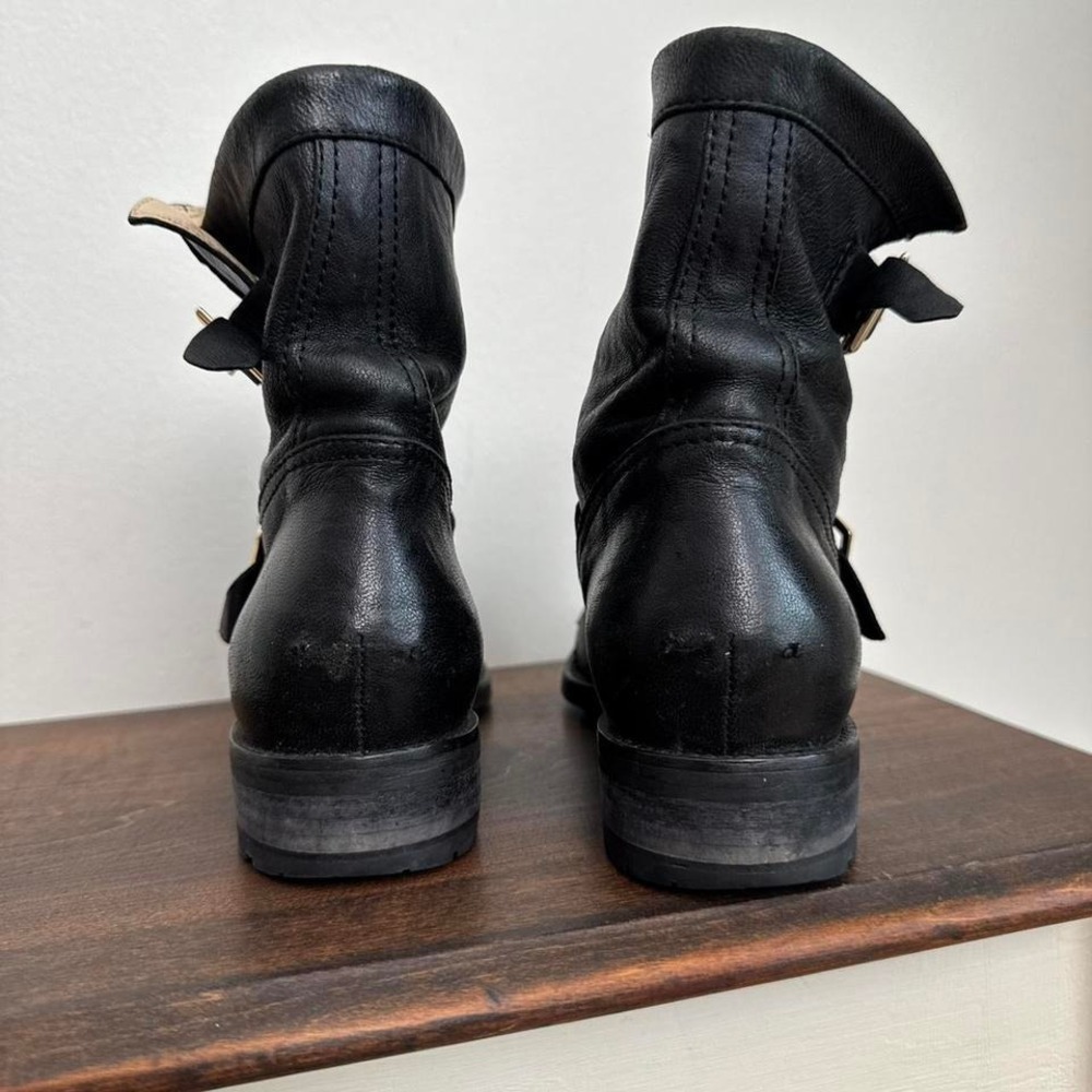 Jimmy Choo Black Moto Boot Size 36 / 6 Gold Buckle Short Genuine Leather - Picture 3 of 8